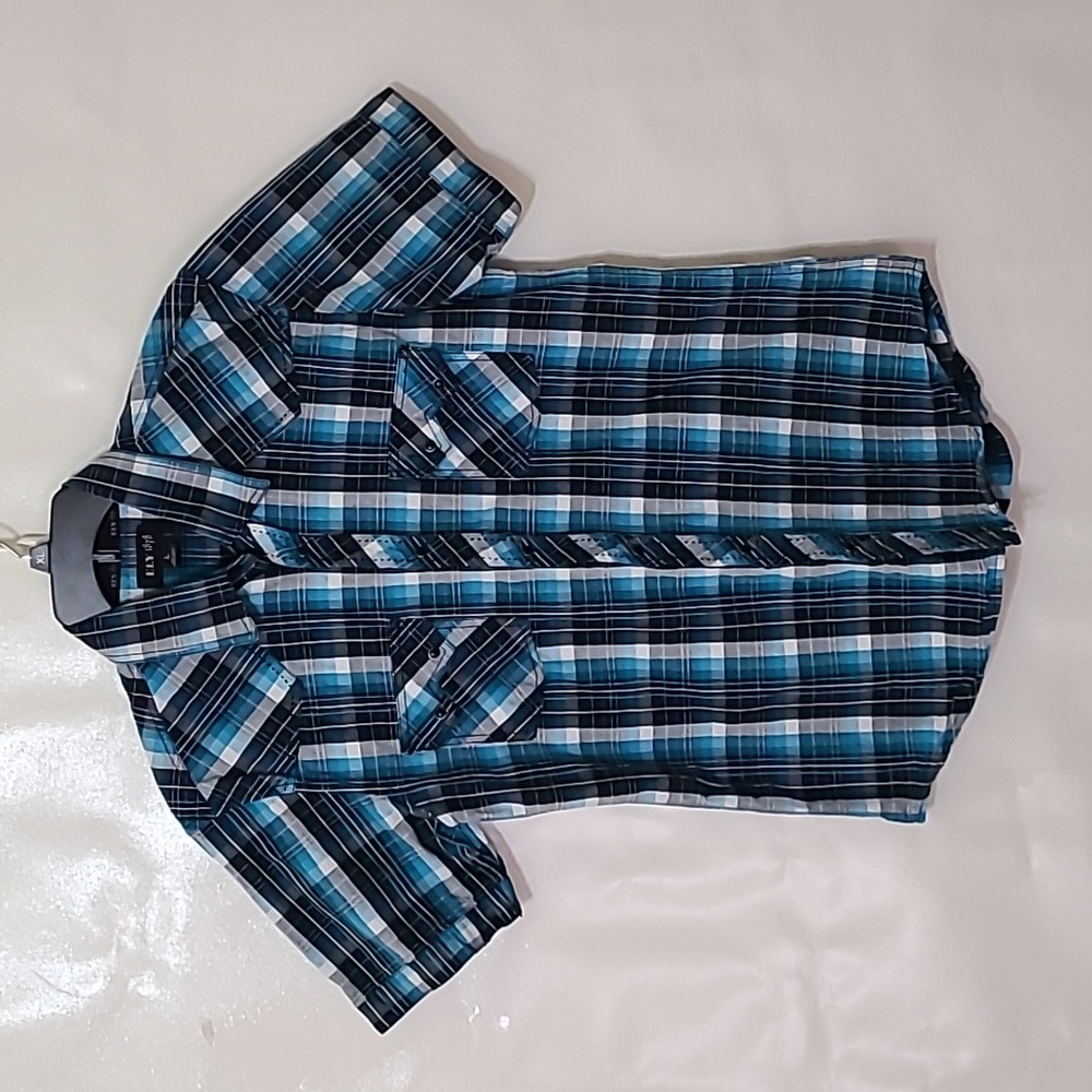 Ely 1878 Blue and Black Plaid Short Sleeve Pearl Snap Western‎ Shirt - Size L